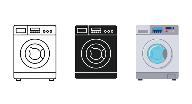 Automatic washing machine icon set: Glyph and solid icon set - Icon vector - logo icons. Blue, Black and white icons