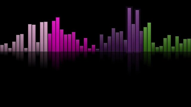 Seamless looping audio equalizer bars transition from purple to green on a reflective black surface.