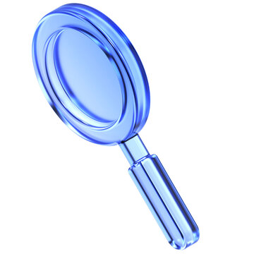 Glassmorphism magnifying glass icon in isometric view featuring transparent blue glossy finish. Translucent search discovery design element suited for research analysis or system find interface