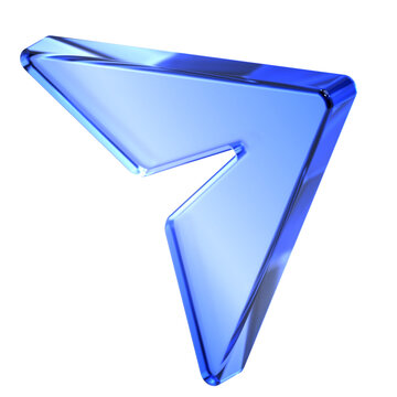 Glassmorphism paper plane send arrow icon in isometric view featuring transparent blue glossy finish. Translucent direction cursor design element suited for chat message delivery or share interface