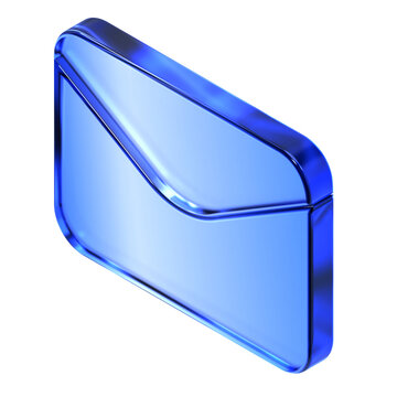 Glassmorphism envelope icon in isometric view featuring transparent blue glossy finish. Translucent mail email design element suited for digital message notification or inbox contact interface