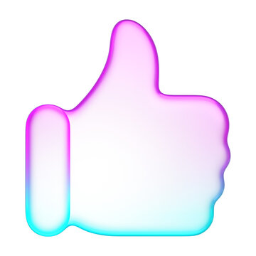 Pastel holographic thumbs up icon with smooth pink and cyan neon soft gradient. Translucent fluid glossy design element suited for social media like, feedback approval, or rating interface button