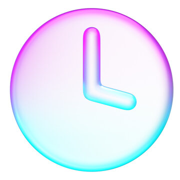 Pastel holographic clock icon with smooth pink and cyan neon soft gradient. Translucent fluid glossy design element suited for time management, history, or schedule interface button