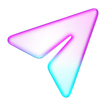 Pastel holographic paper plane send arrow icon with smooth pink and cyan neon soft gradient. Translucent fluid glossy design element suited for message delivery, share, or submission interface button