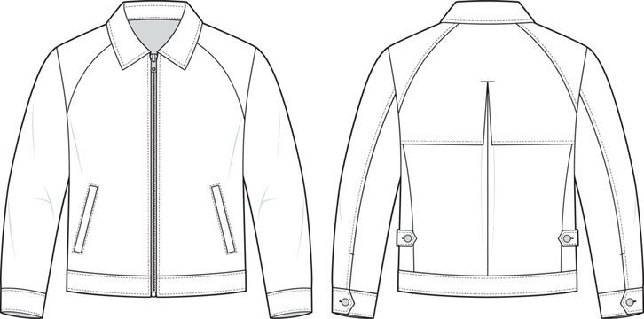 Black and white vector fashion flat sketch of a men's casual jacket with front and back view.