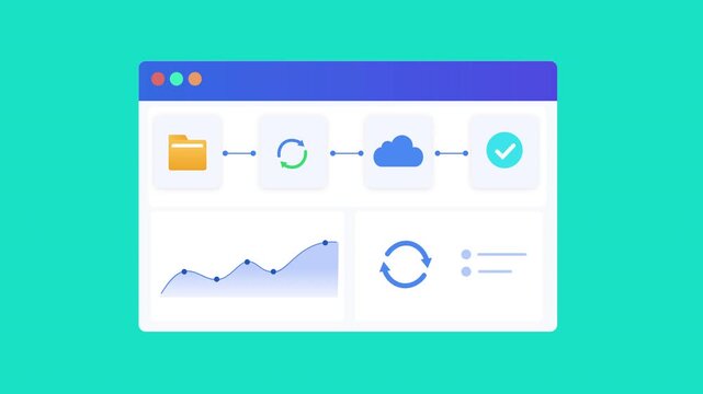 Minimal animated cloud sync dashboard interface featuring folder, synchronization, cloud services, verification status, analytics, and workflow visualization. Modern motion graphic for cloud computing