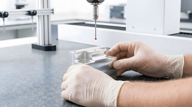 Technician measuring a precise metal part with a CMM machine in a laboratory.