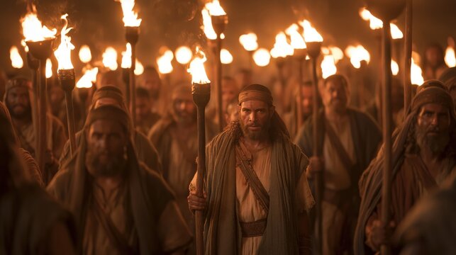 Gideon leading three hundred men with torches surrounding the Midianite camp at night.