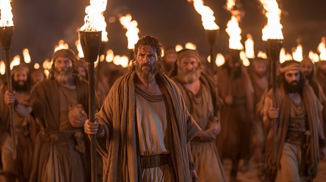 Gideon leading his three hundred men with torches against the Midianite camp at night.