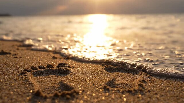 Footprints in golden sand on a beach at sunset, ocean waves gently lapping the shore, warm sunlight reflecting on the water, representing vacation and memories