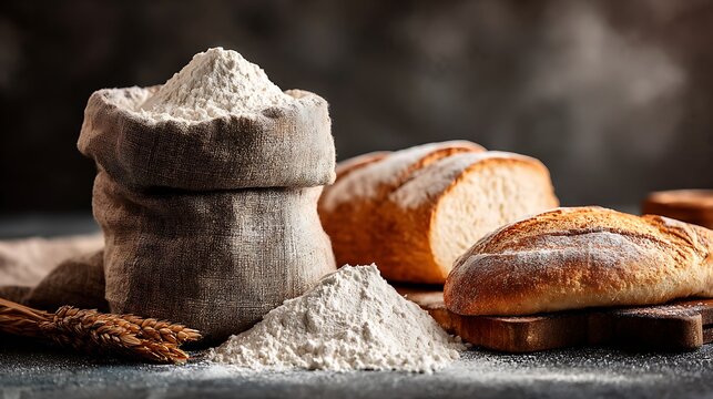 Close-up of flour in a sack, spilled on table, and loaves of bread