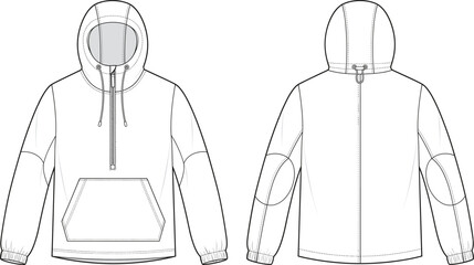 Half zip hooded windbreaker jacket fashion flat sketch technical drawing vector template for apparel design production © urmilarani