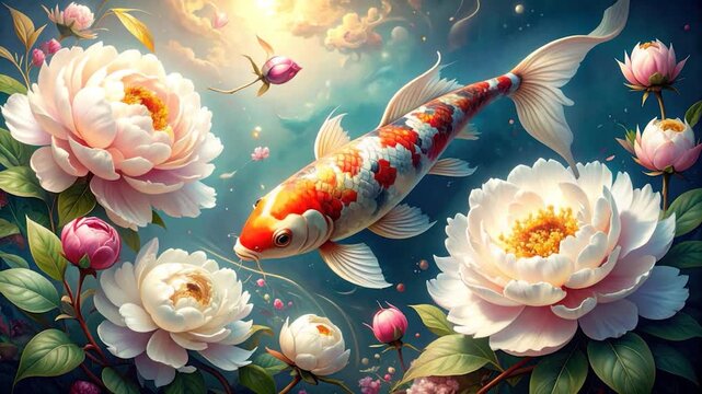A vibrant koi swims among lush peonies and buds in a dreamy, sunlit scene