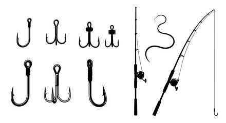 Fototapeta premium Collection of essential fishing gear, featuring a variety of sharp hooks and sturdy fishing rods, perfect for enthusiasts and professional anglers