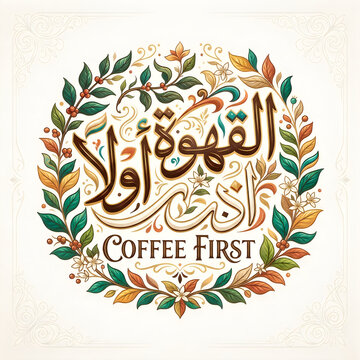 Arabic calligraphy coffee quote vector illustration. Elegant typography design for cafes and coffee branding with floral wreath border.