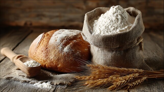 Rustic still life featuring a loaf of bread, sack of flour, scoop, and wheat stalks on wood
