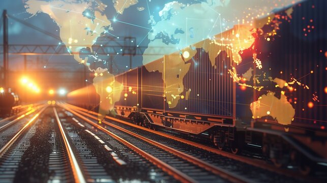 Freight train with abstract global map and copy space.