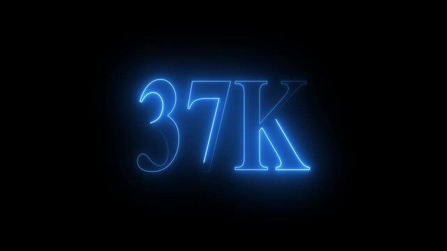 Glowing Blue Neon 37 K Number Sign on Black Background thirty seven thousand