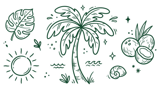 Hand drawn doodle set vector tropical summer with palm tree sun coconuts monstera leaf and seashell