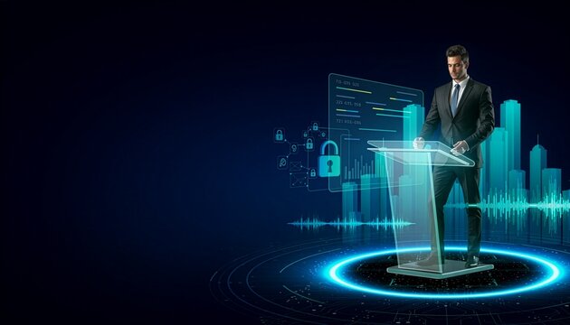 A businessman in dark suit stands at transparent podium presenting holographic cybersecurity data analytics.
