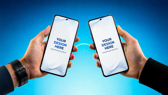 Two hands holding smartphones with blank screens for mockup design.