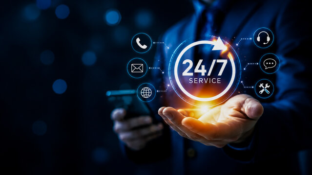 Customer support and 24-7 technical service concept with virtual icons.