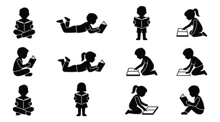 Obraz premium Set of silhouettes of children reading books