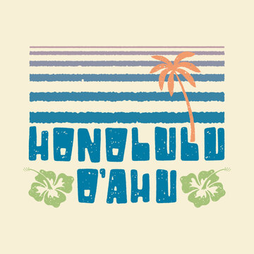 beach illustration Honolulu graphic typography design flower badge palm vintage summer
