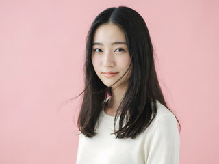 Fototapeta premium Portrait of a young asian woman with long dark hair wearing a white shirt against a soft pink background, in a bright, studio environment