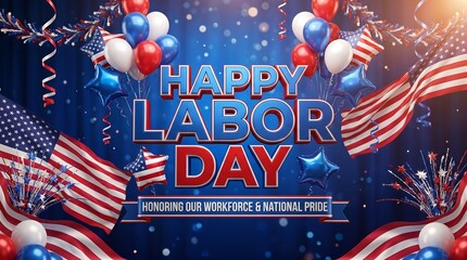 Fototapeta premium Happy Labor Day Festive Graphic Design with 3D Balloons and American Flags for National Holiday Party and Web Banner