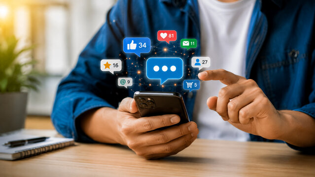 Social media marketing and digital communication concept on smartphone.