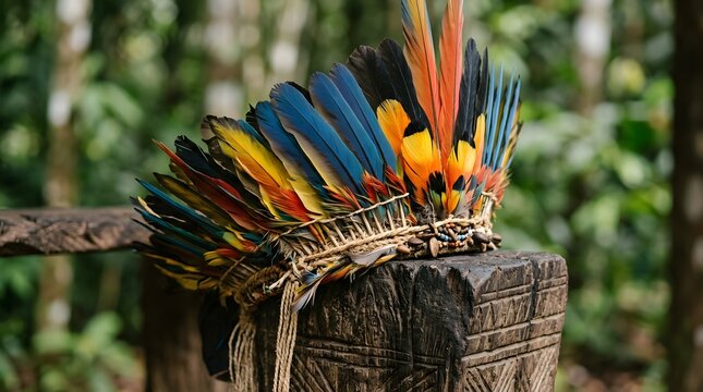 Vibrant Feather Headdress Resting on Wooden Post in Forest