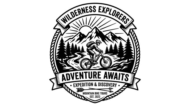 Vintage Wilderness Explorers Mountain Biking Emblem Logo.
