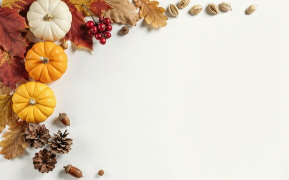 Festive thanksgiving day background with colorful autumn leaves pumpkins and pinecones on a white surface