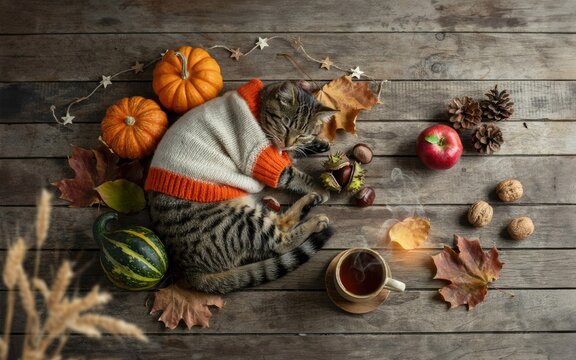 Cute tabby cat wearing a festive knitted hat surrounded by pumpkins for a cozy thanksgiving day celebration
