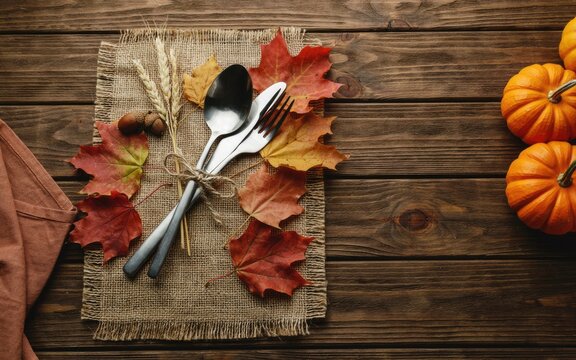 Rustic thanksgiving day table setting with cutlery colorful autumn leaves and small pumpkins on wooden background