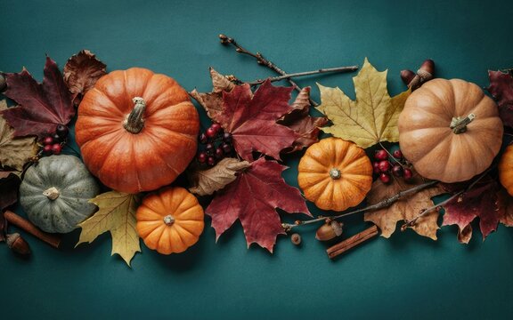 Festive thanksgiving day background with colorful autumn leaves and various pumpkins on a dark green surface
