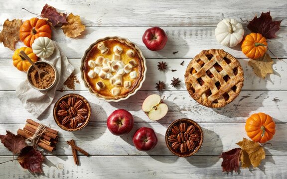 Top view of delicious homemade pies and autumn fruits for a festive thanksgiving day dinner celebration