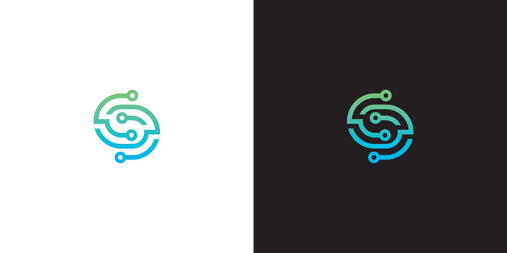 Letter S logo template, vector tech circuit line icon design in blue and green colors