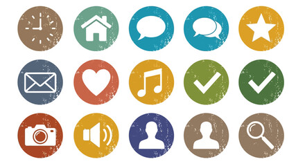 Fototapeta premium Collection of rustic, circular icons representing various concepts like communication, finance, music, and technology