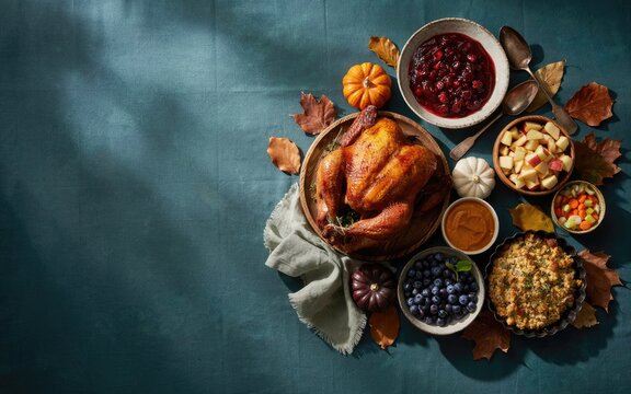 Top view of a delicious roasted turkey dinner served for a traditional festive thanksgiving day celebration