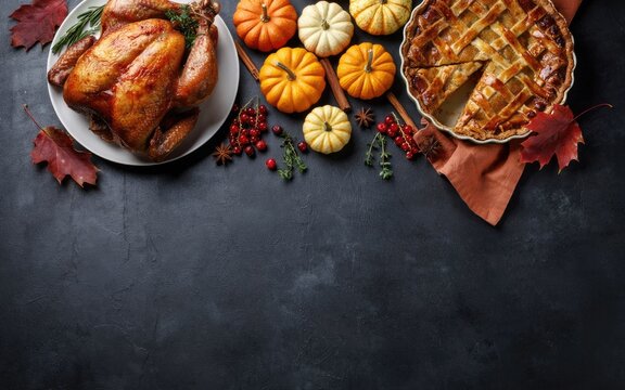 Traditional roasted turkey and pumpkin pie dinner spread for a festive thanksgiving day holiday celebration table