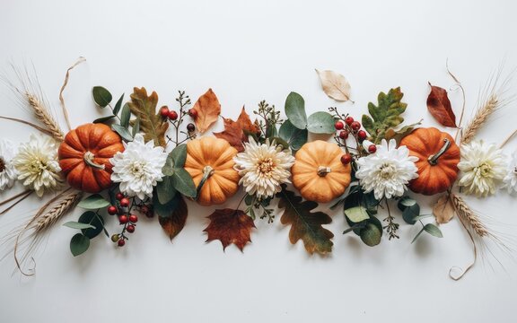 Beautiful festive thanksgiving day table centerpiece with colorful pumpkins and autumn leaves on white background