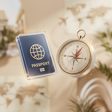 Passport and compass on world map