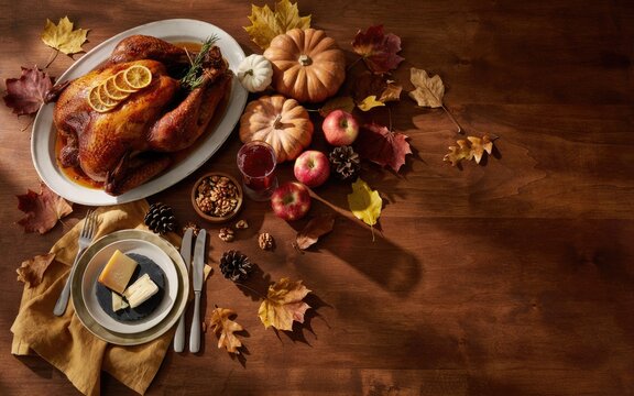 Roasted turkey dinner served on a rustic wooden table for a traditional thanksgiving day family feast