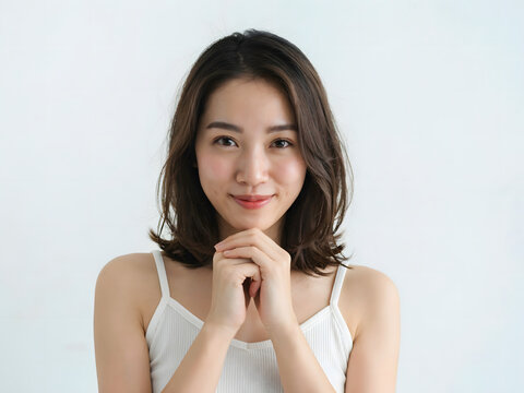 Portrait of a young asian woman with shoulder length dark hair wearing a white tank posing with hands clasped on white background