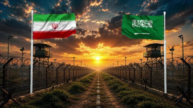 Iran and Saudi Arabia flags at sunset. Diplomatic tension and international relations scene.