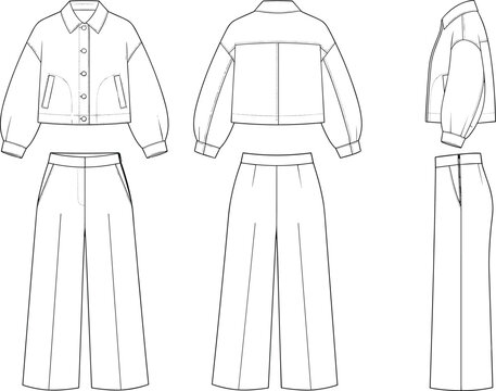 Women's two piece set cropped jacket and wide leg pants technical flat sketch front back side views fashion template