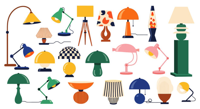 Set of colorful retro and modern table lamps, floor lamps, and desk lights in flat vector style isolated on white background