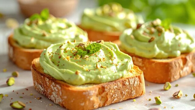 Close-up of four toasted bread slices topped with green spread, nuts, and mint